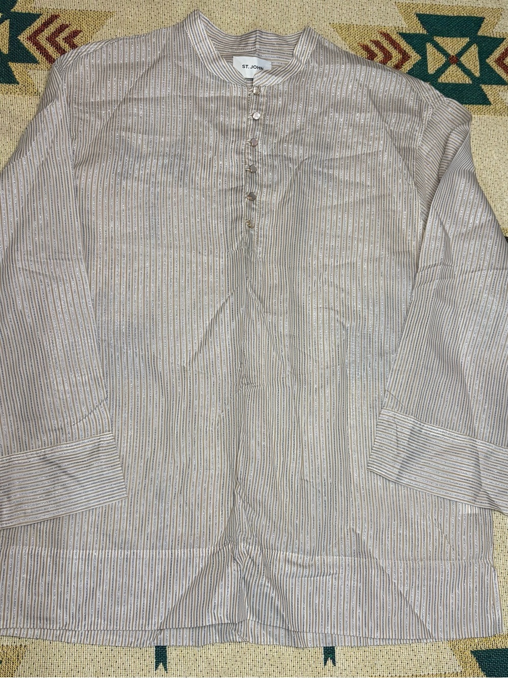 St. John Neutral Striped Band-Collar Button-Up Blouse